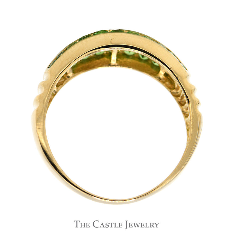 3 Row Channel Set Green Spinel Dome Ring in 14k Yellow Gold
