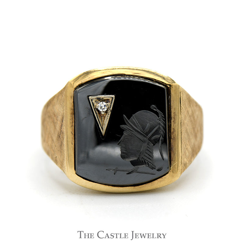 Intaglio Ring with Round Diamond Accent & Brush Textured Sides in 10k Yellow Gold