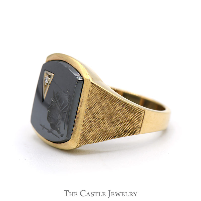 Intaglio Ring with Round Diamond Accent & Brush Textured Sides in 10k Yellow Gold