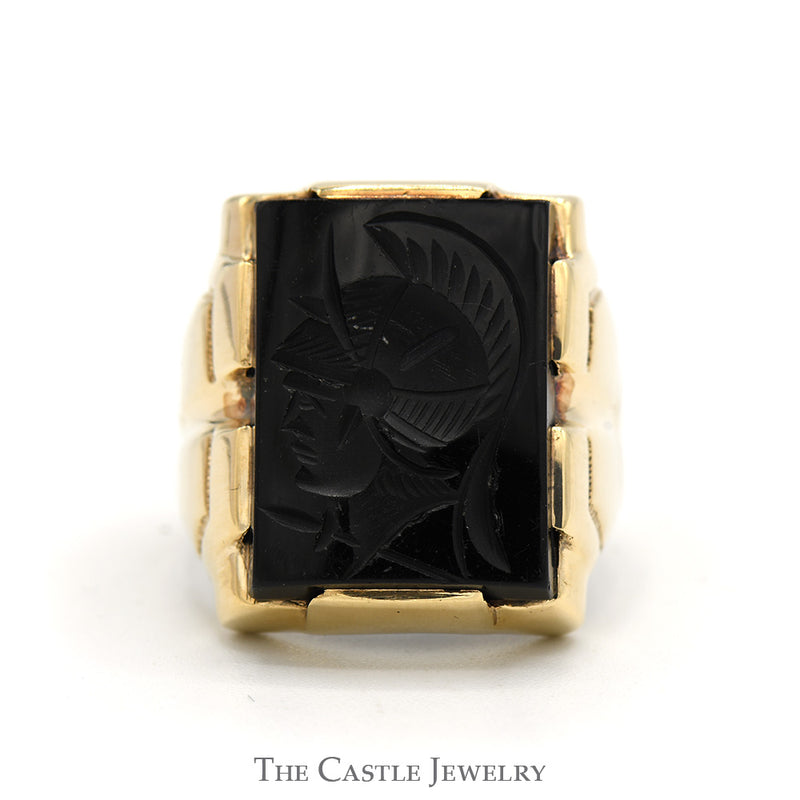 Rectangular Black Intaglio Ring with Geometric Sides in 10k Yellow Gold