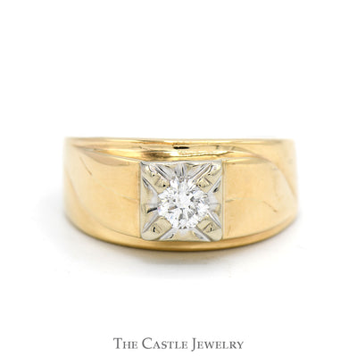 1/3ct Diamond Solitaire Men's Ring with Grooved Sides in Polished 14k Yellow Gold