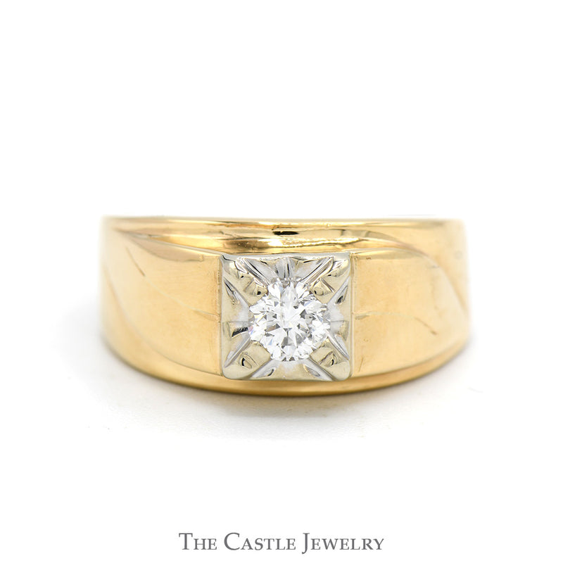 1/3ct Diamond Solitaire Men's Ring with Grooved Sides in Polished 14k Yellow Gold