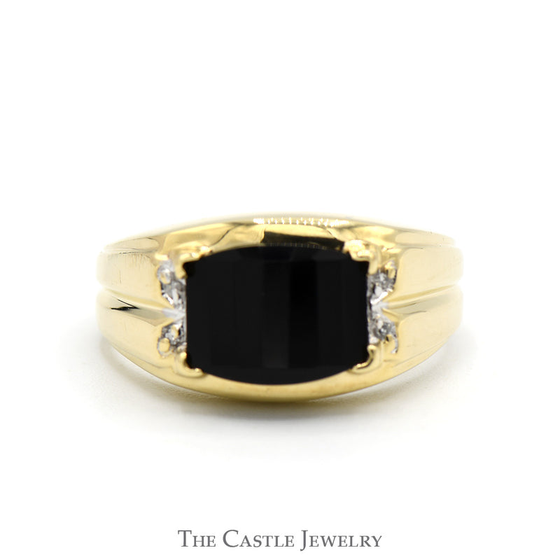 Domed Black Onyx Ring with Illusion Set Diamond Accented Sides in 10k Yellow Gold