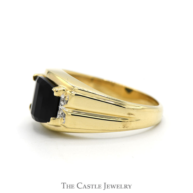 Domed Black Onyx Ring with Illusion Set Diamond Accented Sides in 10k Yellow Gold