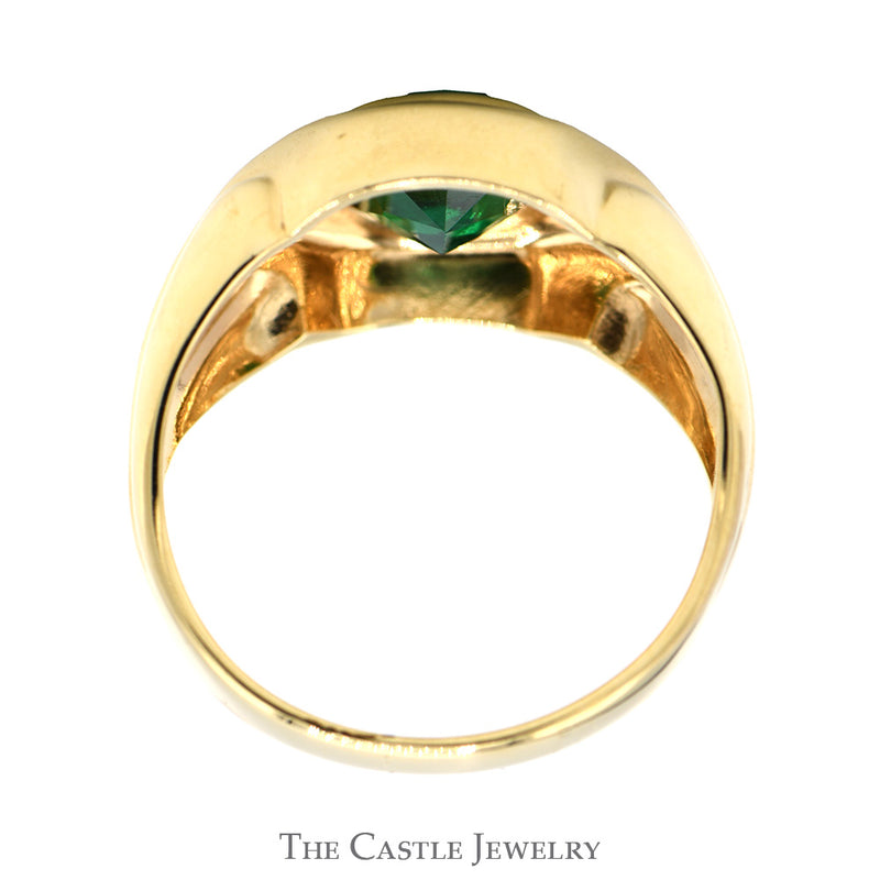 Oval Bezel Set Synthetic Emerald Ring with Concaved Grooved Sides in 10k Yellow Gold