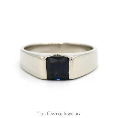 Square Sapphire Solitaire Ring with Polished Sides in 14k White Gold