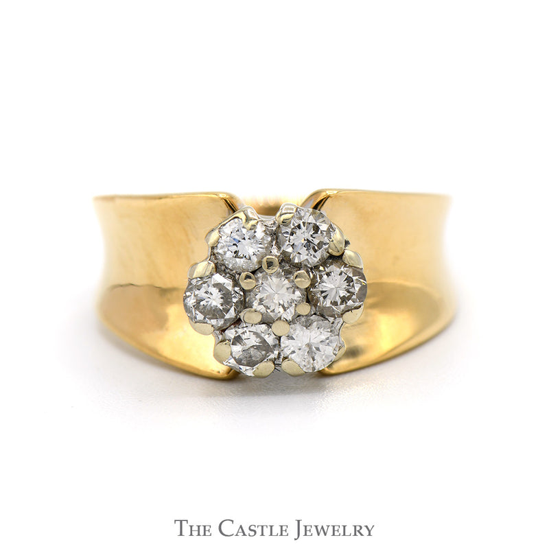 1cttw Round Shaped 7 Diamond Cluster Ring with Concaved Tapered Sides in 10k Yellow Gold