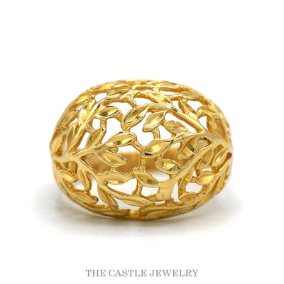14k yellow gold open leaf designed dome ring — top view