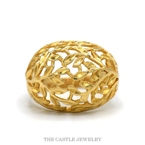 14k yellow gold open leaf designed dome ring — top view