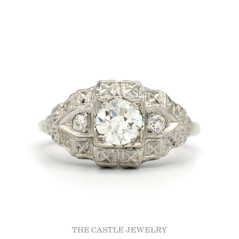 14k white gold antique Art Deco filigree diamond ring — top view