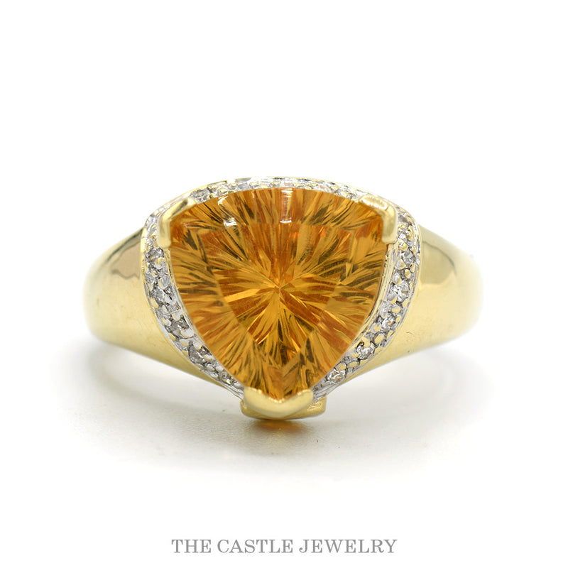 Trillion Cut Citrine and Diamond Ring in 14k Yellow Gold