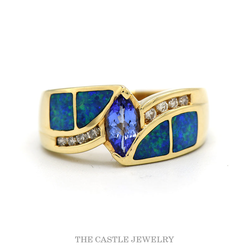 Marquise Tanzanite Ring with Diamond Accented Opal Inlay Sides in 14k Yellow Gold