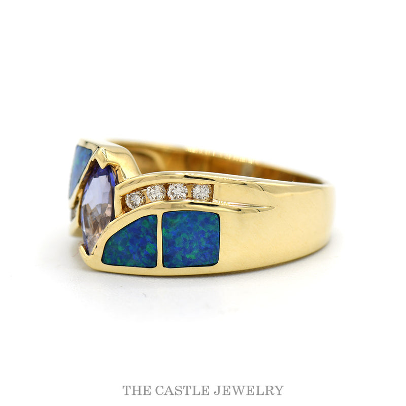 Marquise Tanzanite Ring with Diamond Accented Opal Inlay Sides in 14k Yellow Gold