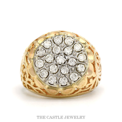 1cttw 19 Round Diamond Kentucky Cluster Ring with Open Filigree Sides in 10k Yellow Gold