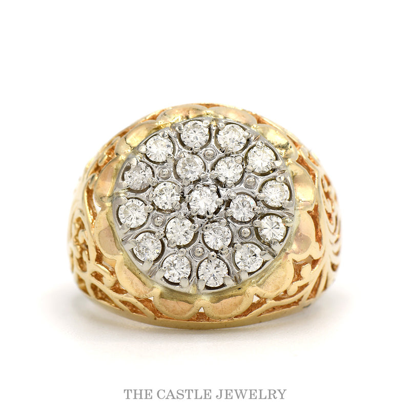 1cttw 19 Round Diamond Kentucky Cluster Ring with Open Filigree Sides in 10k Yellow Gold