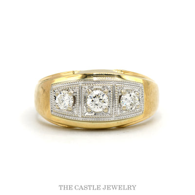 1/2cttw Three Stone Diamond Men's Ring with Brush Textured Sides in 14k Yellow Gold