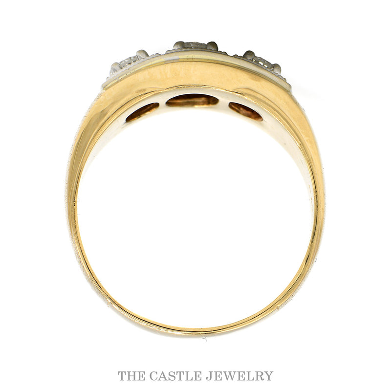 1/2cttw Three Stone Diamond Men's Ring with Brush Textured Sides in 14k Yellow Gold