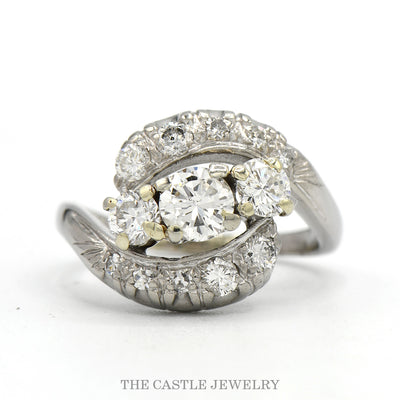 1cttw Bypass Designed Three Stone Ring with Diamond Accents in 10k White Gold