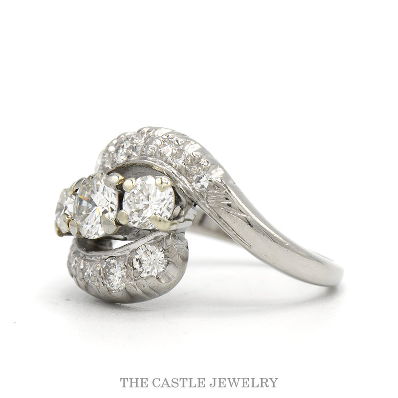 1cttw Bypass Designed Three Stone Ring with Diamond Accents in 10k White Gold