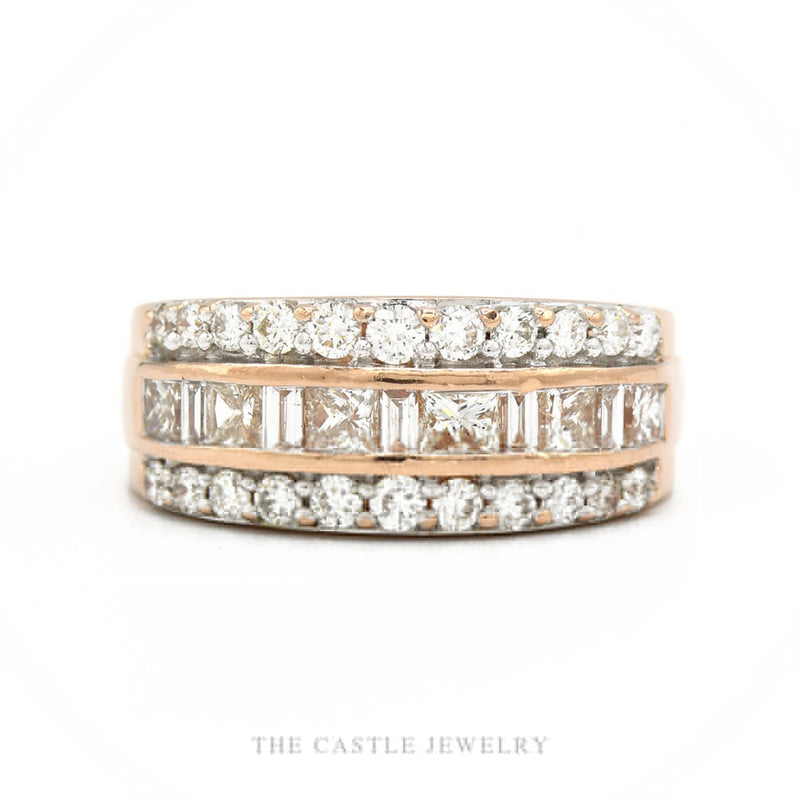 Kallati signed 14k rose gold three-row diamond band with princess, baguette, and pavé rounds — top view