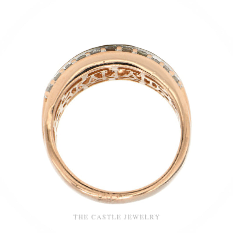 Front-facing view of the Kallati 14k rose gold three-row diamond band showing center princess and baguette row