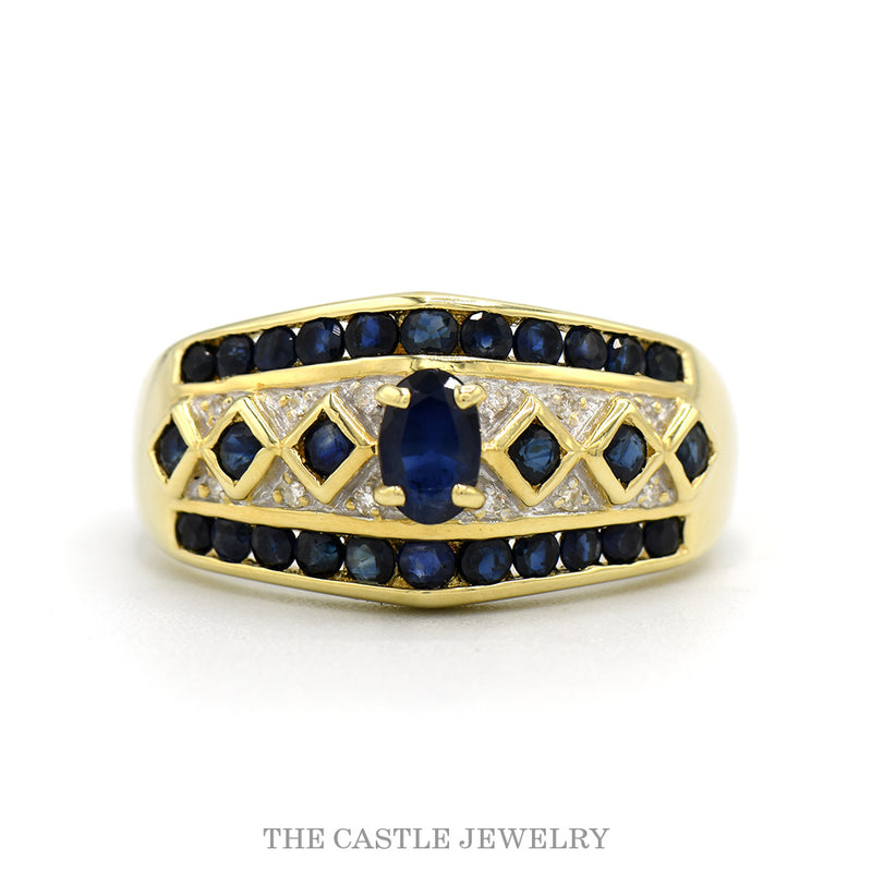 14k yellow gold oval sapphire ring with sapphire lattice band — top view