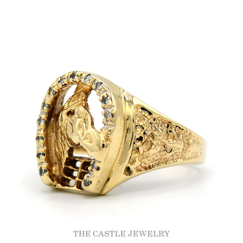 Side profile of the 10k yellow gold horsehead ring showing nugget shoulders