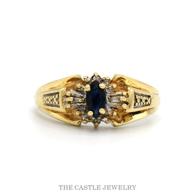 10k yellow gold marquise sapphire ring with baguette diamond halo — top view