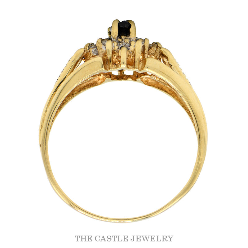 Front-facing view of the 10k yellow gold marquise sapphire ring
