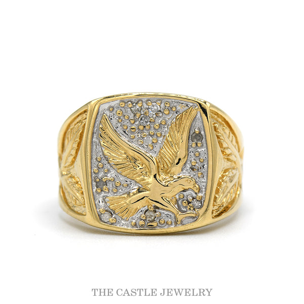10k two tone eagle signet ring with gold beaded field and diamonds — top view