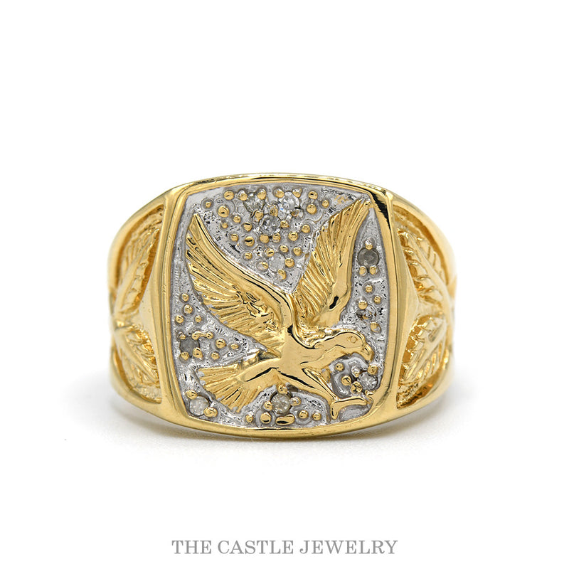 10k two tone eagle signet ring with gold beaded field and diamonds — top view