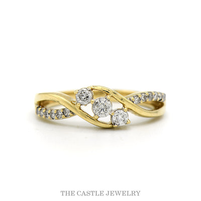 10k yellow gold three-stone diamond bypass ring — top view