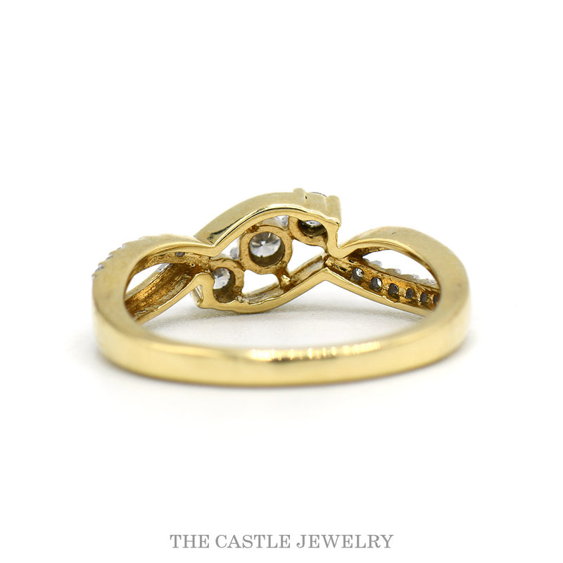 Front-facing view of the 10k yellow gold three-stone ring
