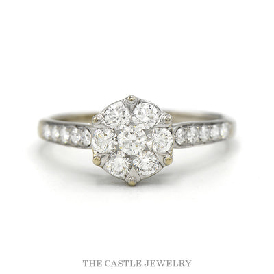 14k white gold round diamond cluster ring with pavé sides — top view