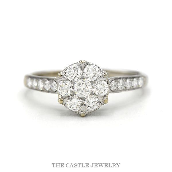 14k white gold round diamond cluster ring with pavé sides — top view