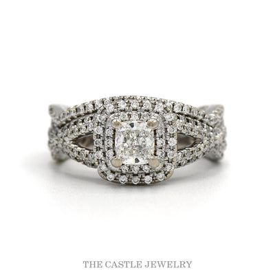 14k white gold 1cttw split shank double halo bridal set with cushion center — top view