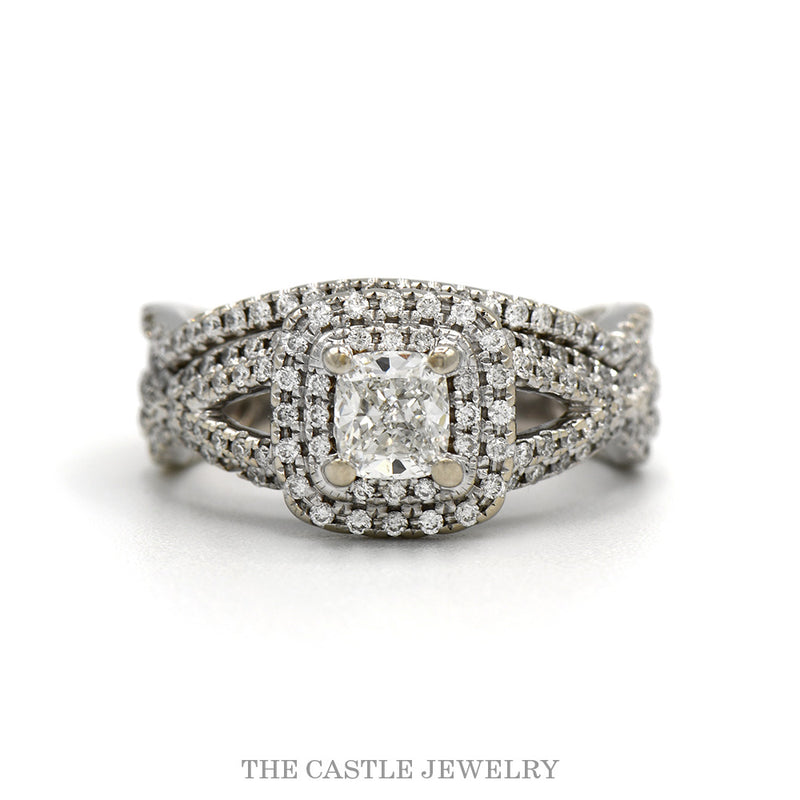 14k white gold 1cttw split shank double halo bridal set with cushion center — top view