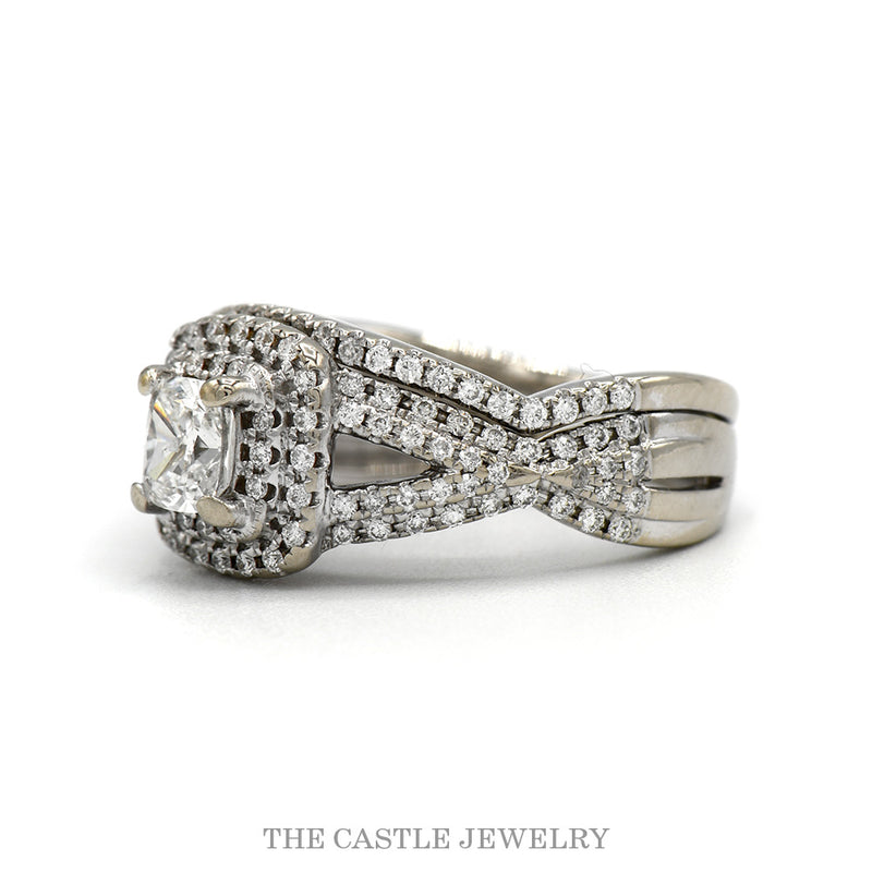 Side profile of the soldered bridal set showing the curved band against the halo