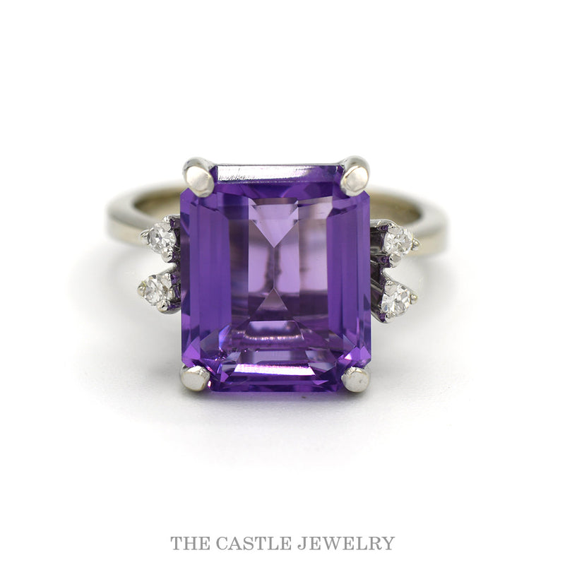 14k white gold emerald cut amethyst ring with stepped round diamond accents — top view