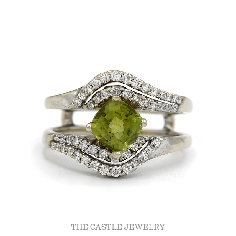 Cushion peridot freeform ring with .50cttw diamond bypass rows in 14k white gold — top view