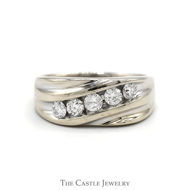 Men's 1cttw 5 Round Diagonally Nick Set Diamond Band in 14k White Gold