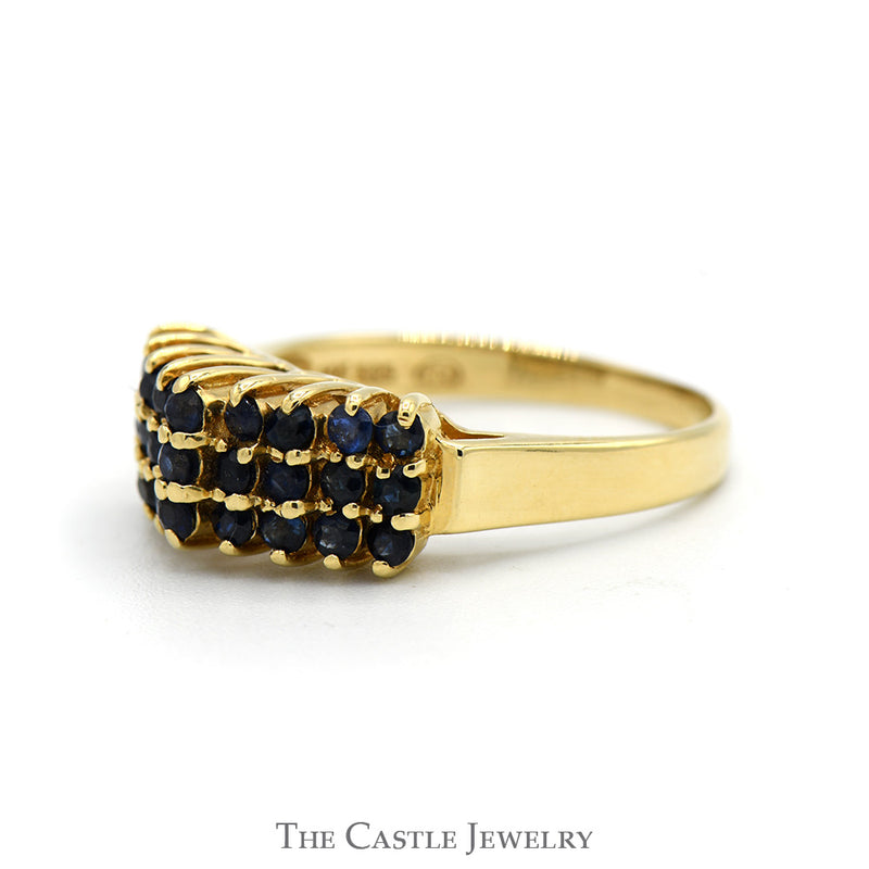 Three Row Round Sapphire Cluster Ring in 14k Yellow Gold