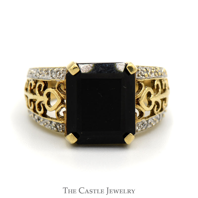 Rectangle Cut Black Onyx Ring with Diamond Accented Scroll Designed Sides in 10k Yellow Gold