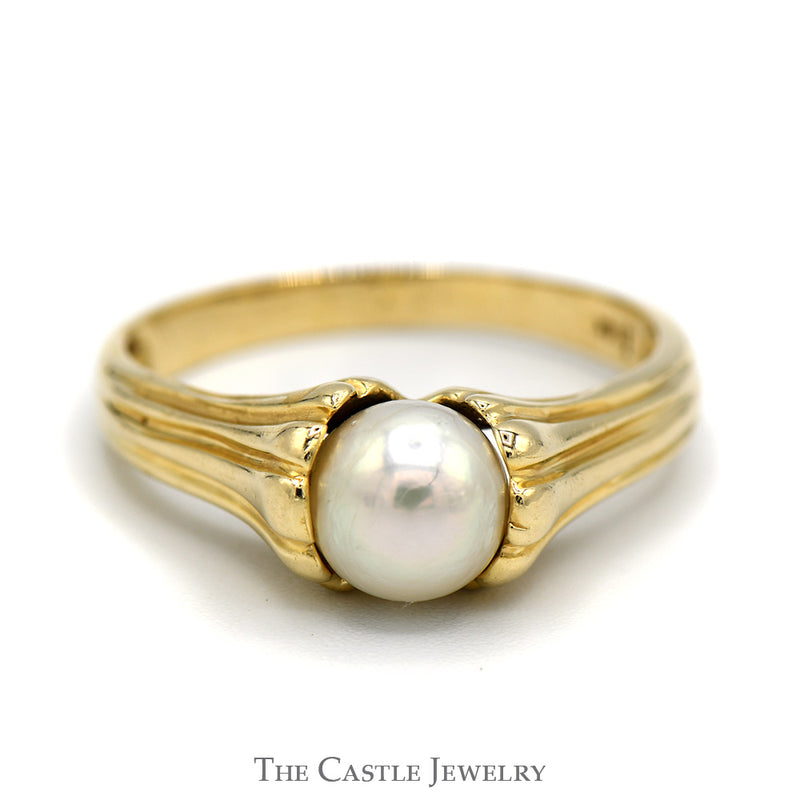 6.5mm Pearl Solitaire Ring with Grooved Design Sides in 14k Yellow Gold