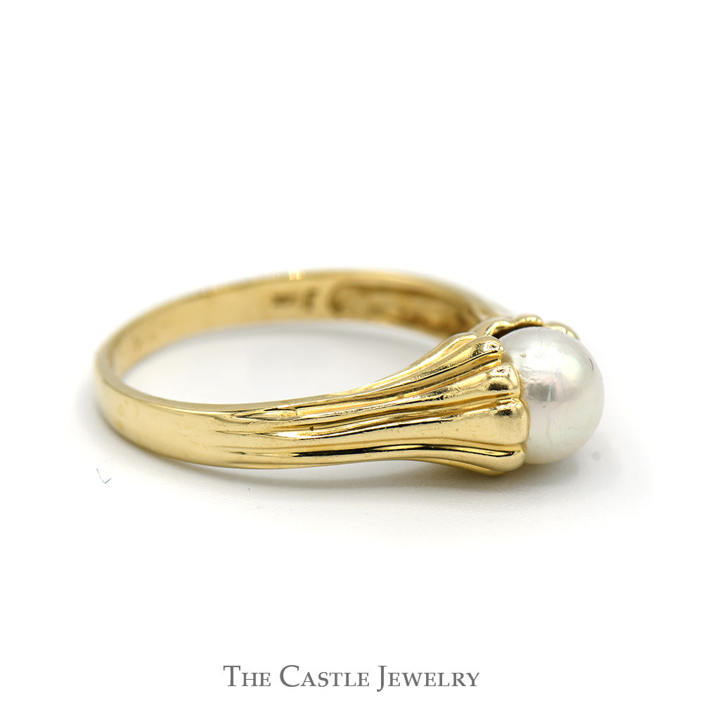 6.5mm Pearl Solitaire Ring with Grooved Design Sides in 14k Yellow Gold