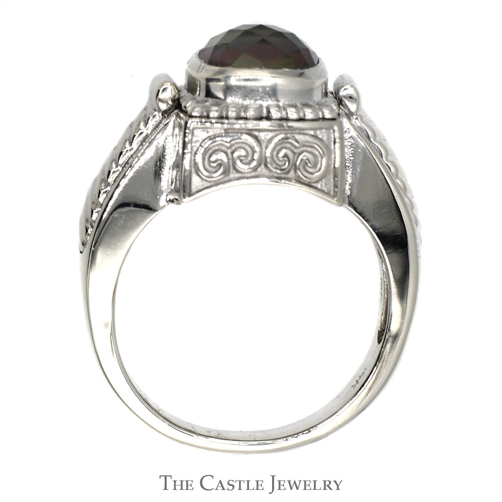 Cushion Fantasy Cut Mystic Topaz Ring with Ornate Detail in 14k White Gold