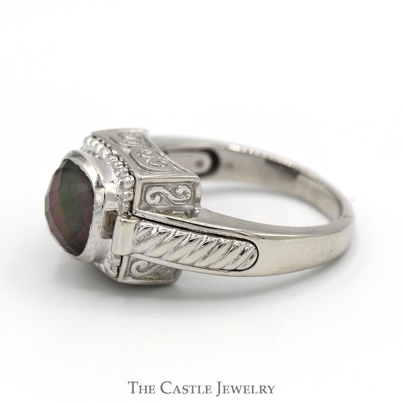 Cushion Fantasy Cut Mystic Topaz Ring with Ornate Detail in 14k White Gold