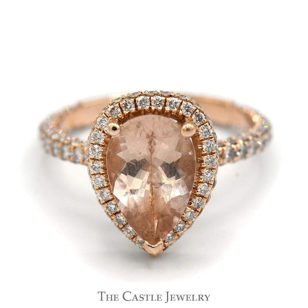 Pear Cut Morganite Ring with Diamond Halo and Accented Sides in