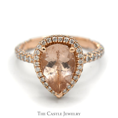 Pear Cut Morganite Ring with Diamond Halo and Accented Sides in 14k Rose Gold