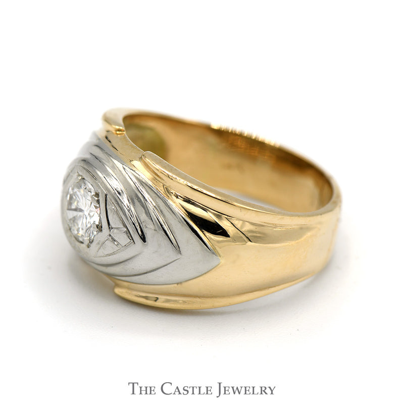 Men's Round Diamond Solitaire Band with Grooved Design in 14k Two Tone Gold